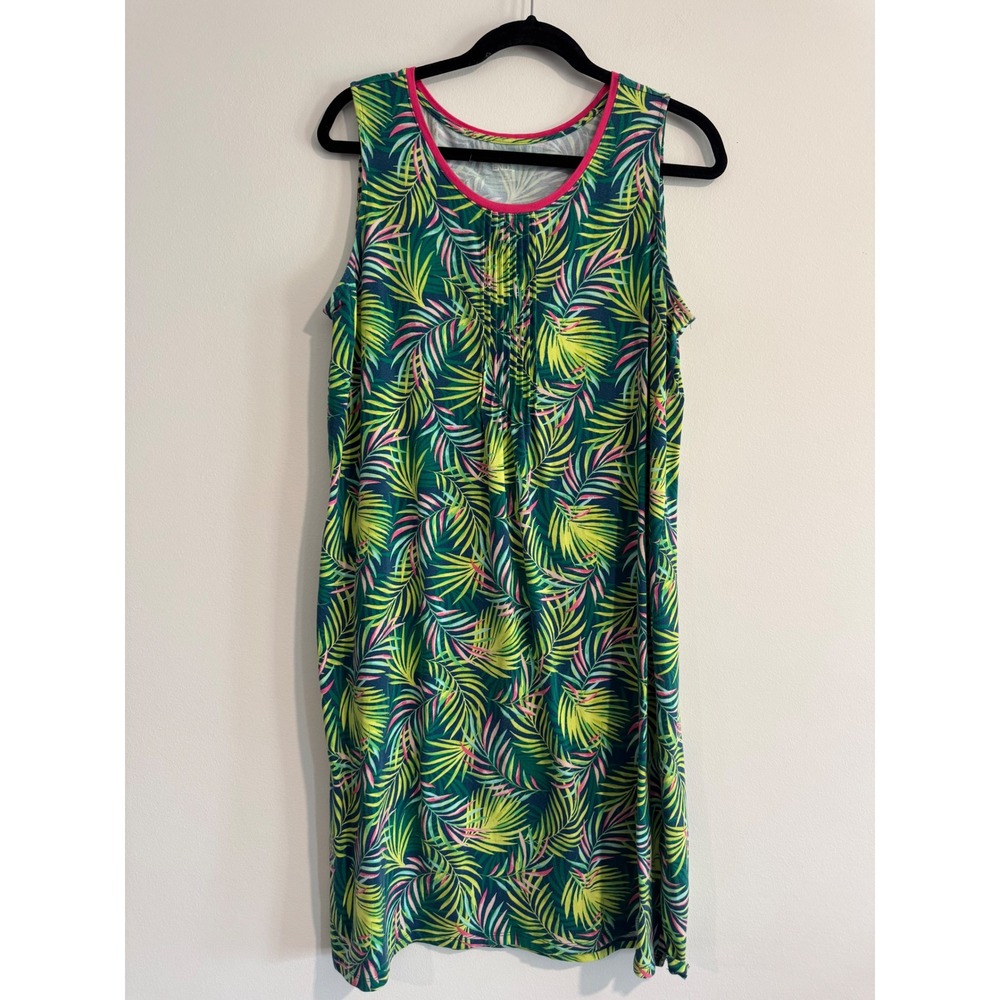 Lands' End Tropical Palm Print Shift Dress Womens Medium Green Sleeveless Jersey